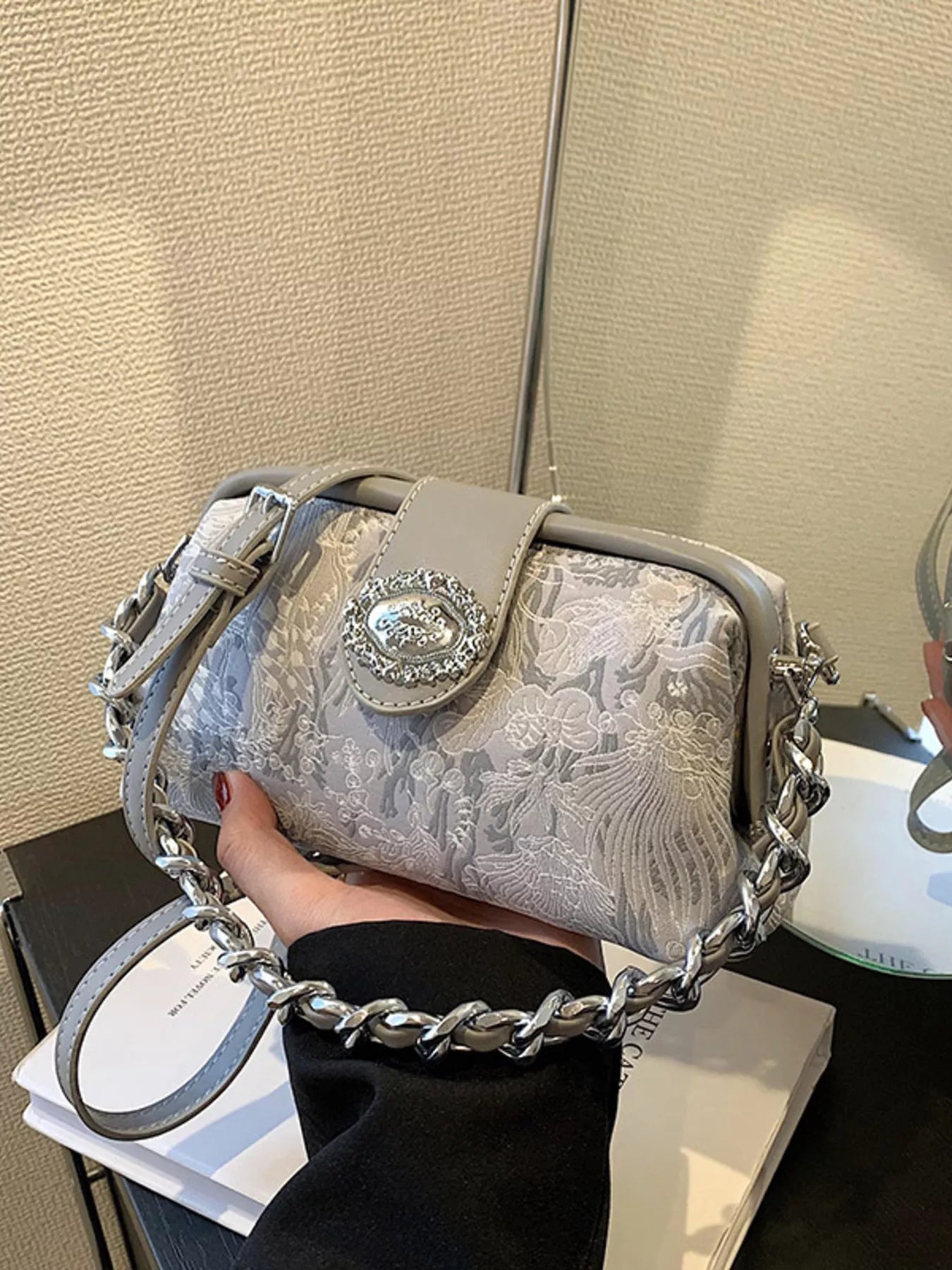 Embroidered Chain Crossbody Bag