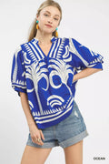 Umgee Folk Art Palm Print Puff Sleeve Blouse