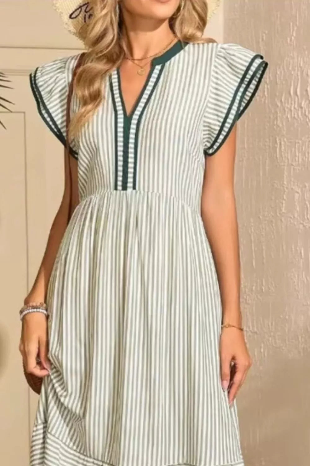 Striped Ruffle Sleeve Midi Dress