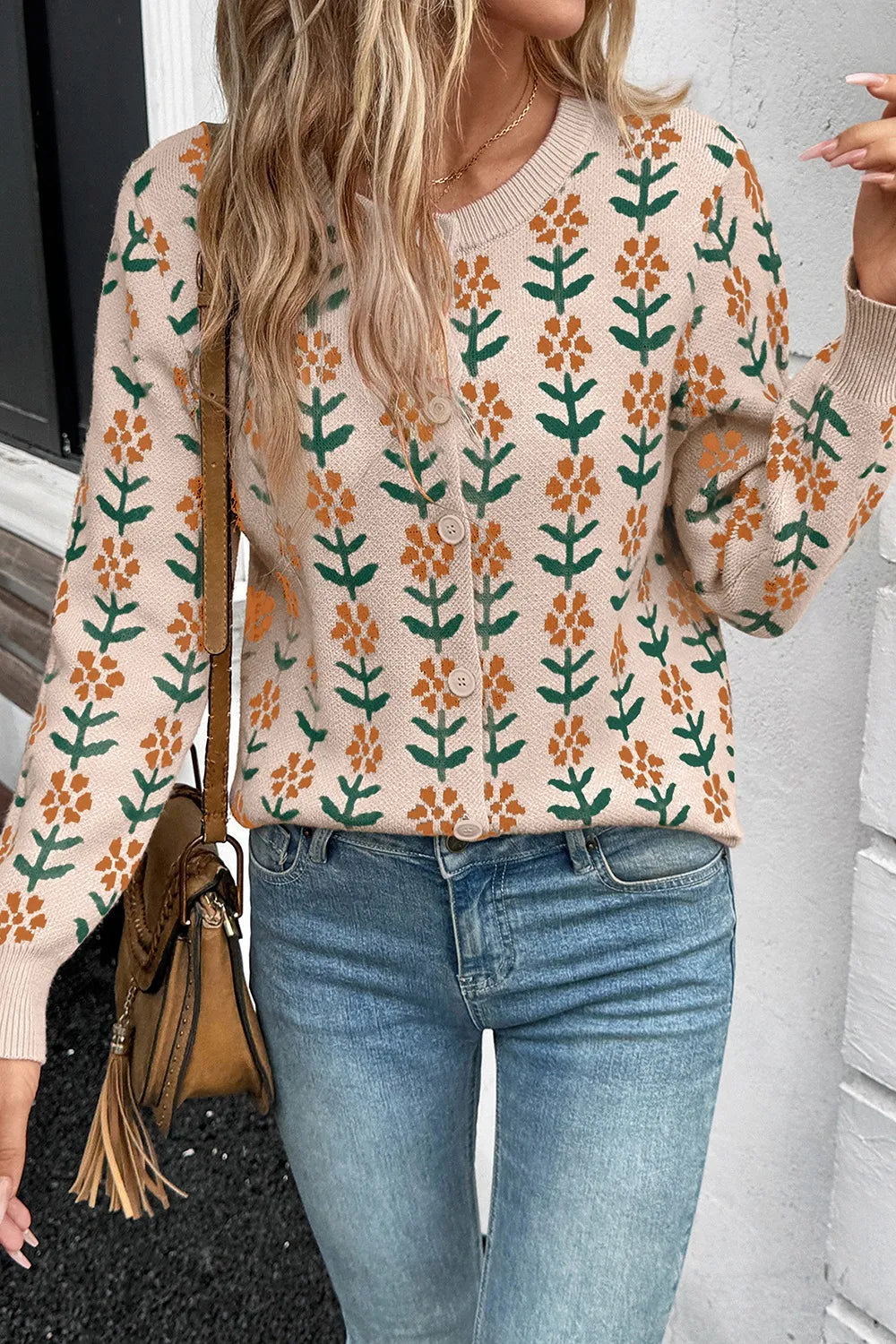 Floral Button-Up Knit Cardigan
