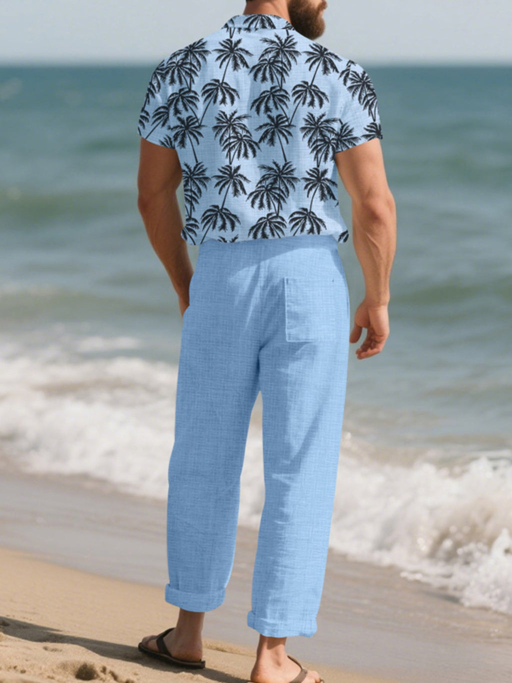 Men's Full Size Tropical Palm Print Button Up Shirt and Pants Set Plus Size