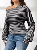 Plus Size Striped One-Shoulder Long Sleeve T-Shirt