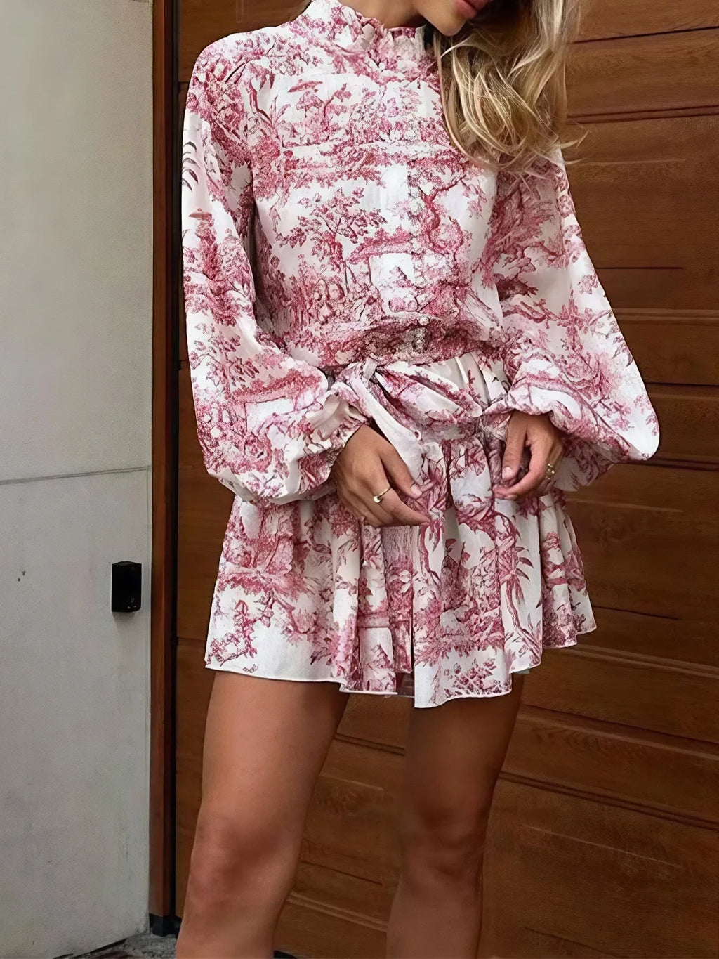 Printed Balloon Sleeve Tie Waist Dress