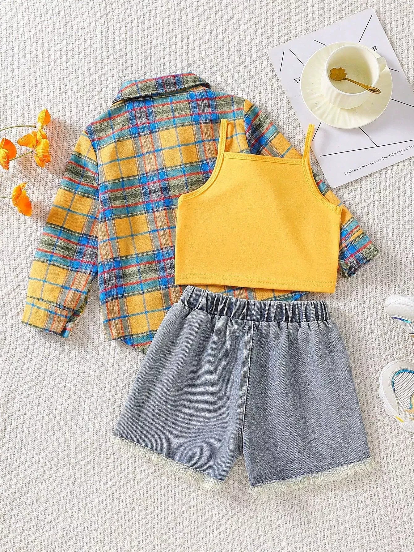Children's Plaid Shirt & Tank Top & Denim Shorts Set