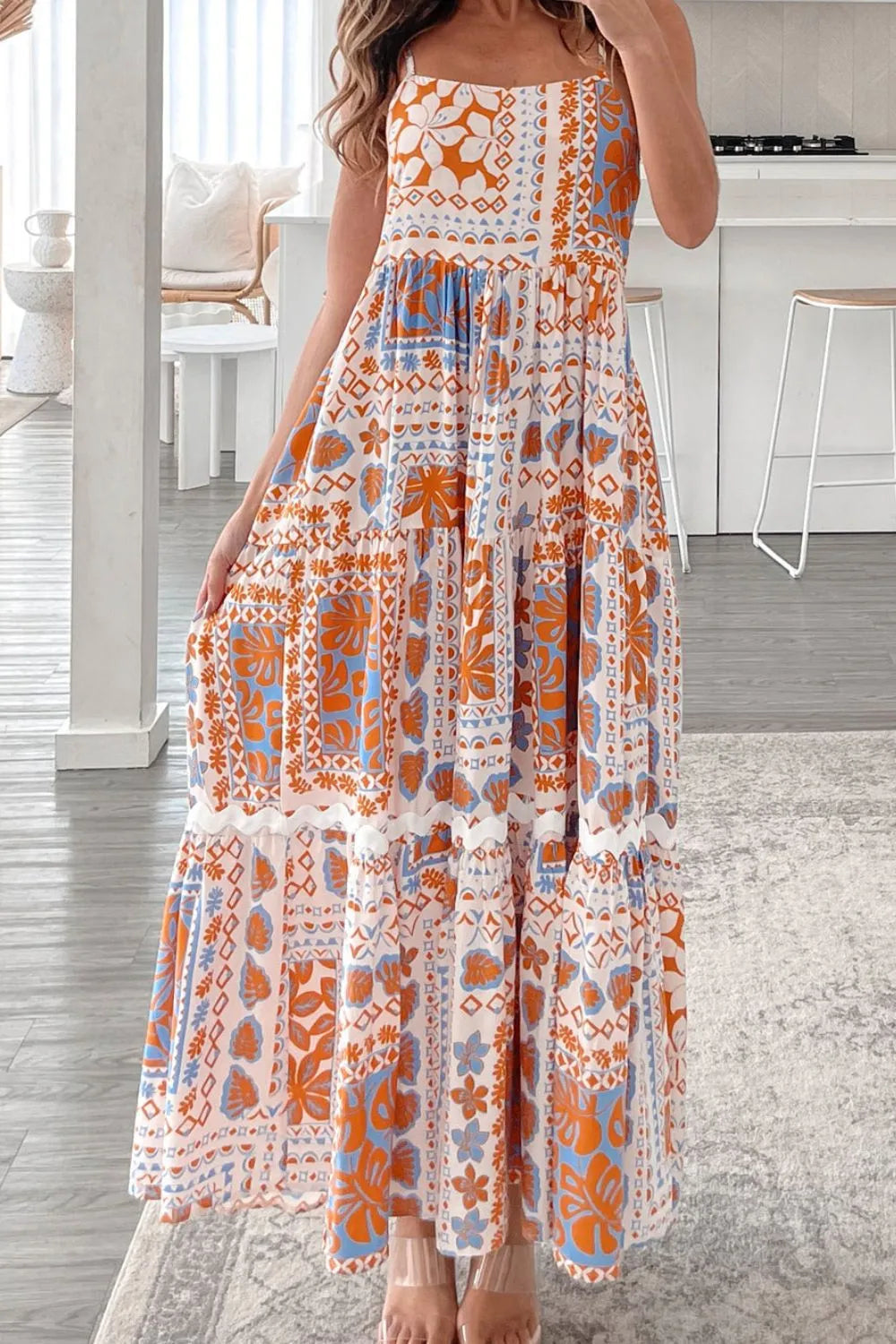 Printed Smocked Back Ricrac Trim Cami Dress