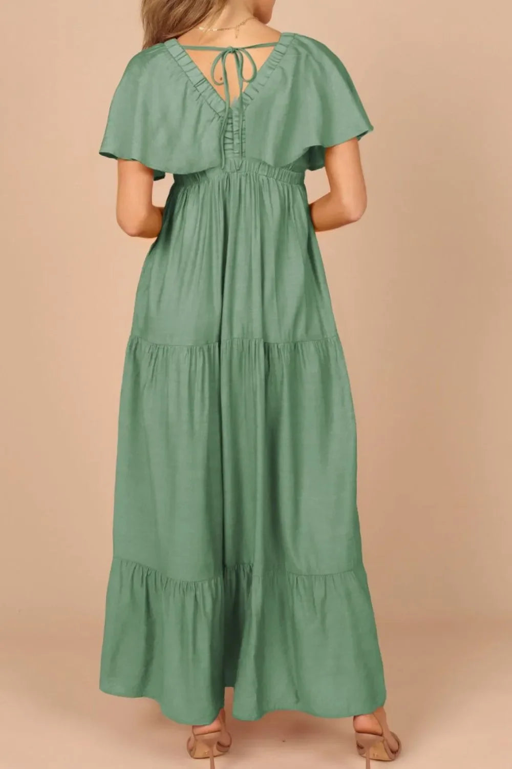 Ruffled V Neck Flutter Sleeve Maxi Dress