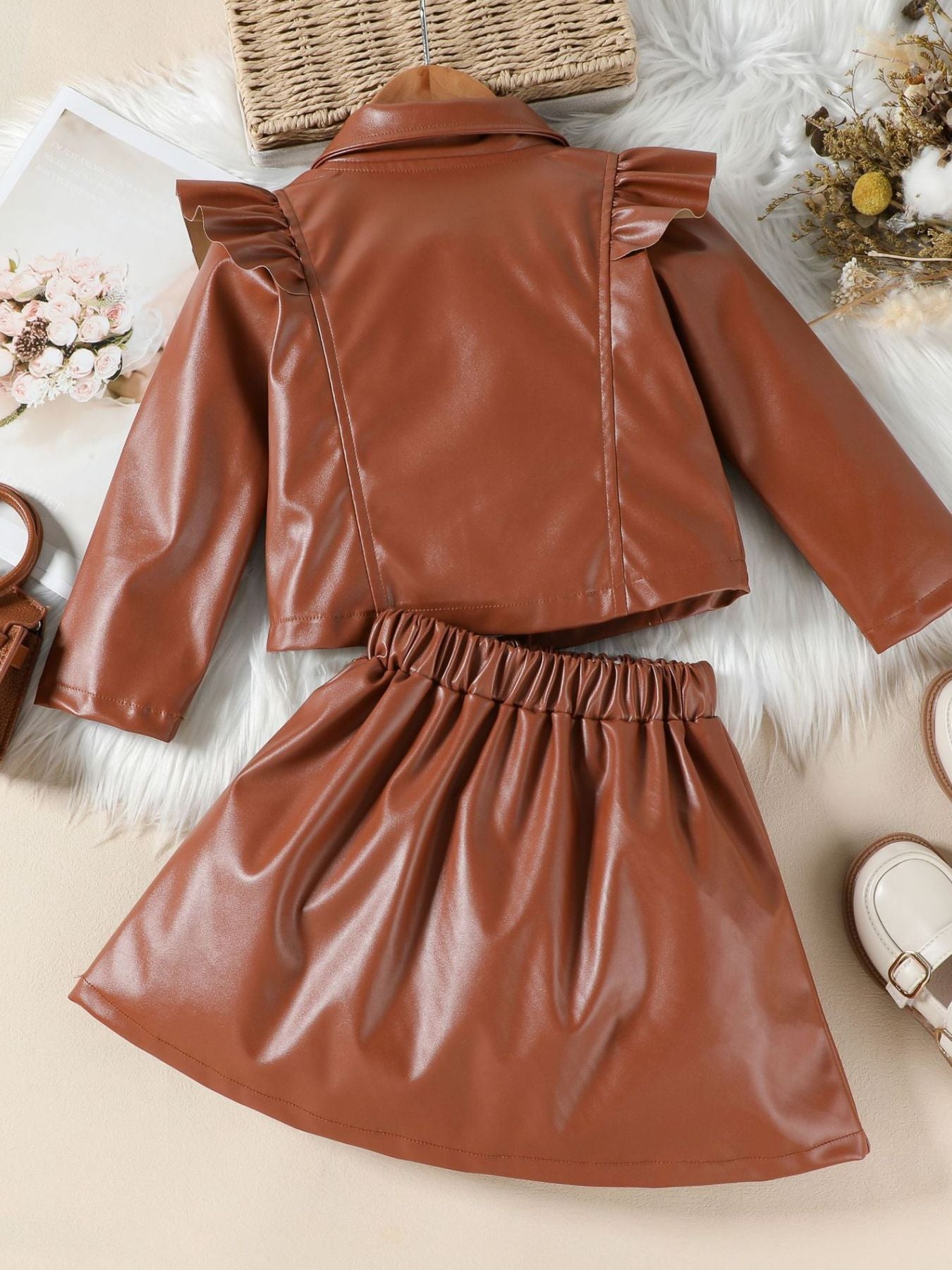 Children's Ruffled Faux Leather Top and Skirt Set