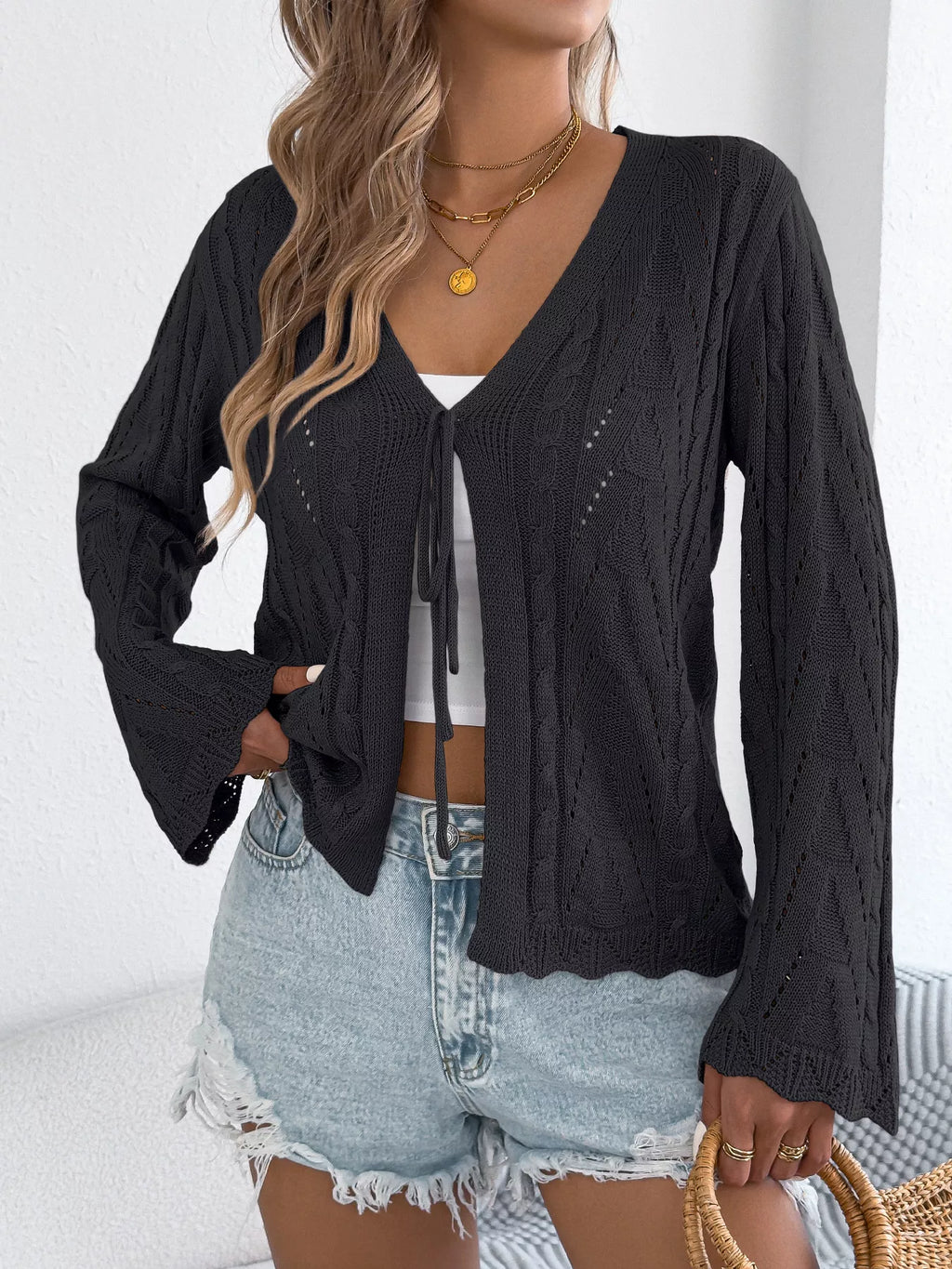 Openwork Tie-Front Knit Cardigan
