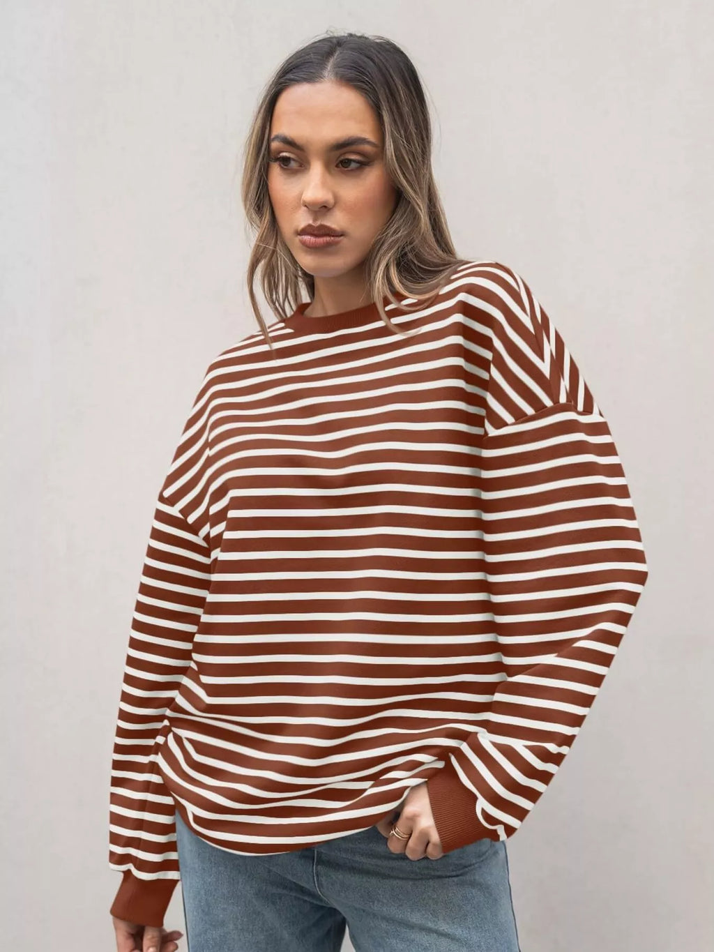 Striped Round Neck Oversized Casual Sweatshirt