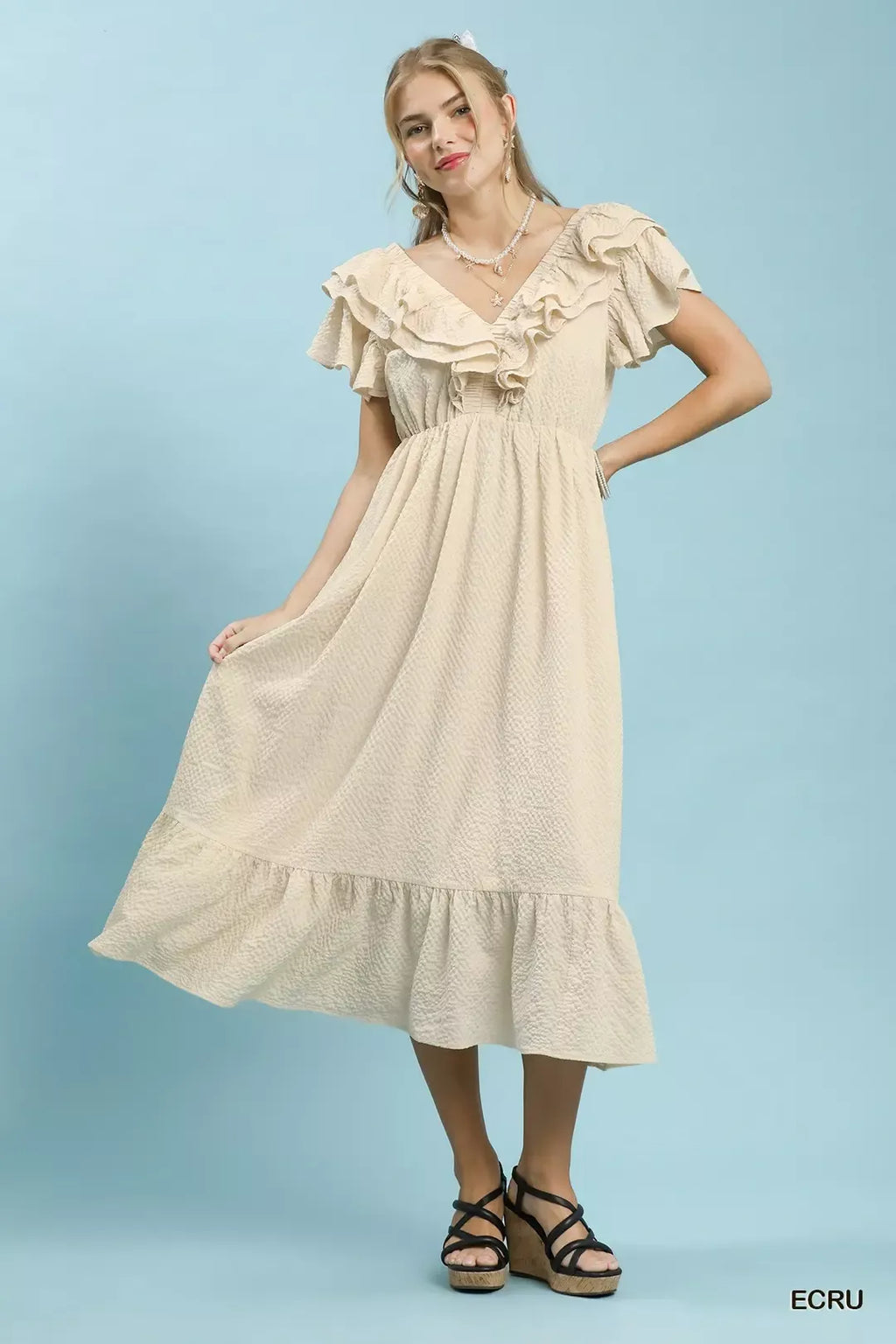 Umgee Textured Ruffle Midi Dress
