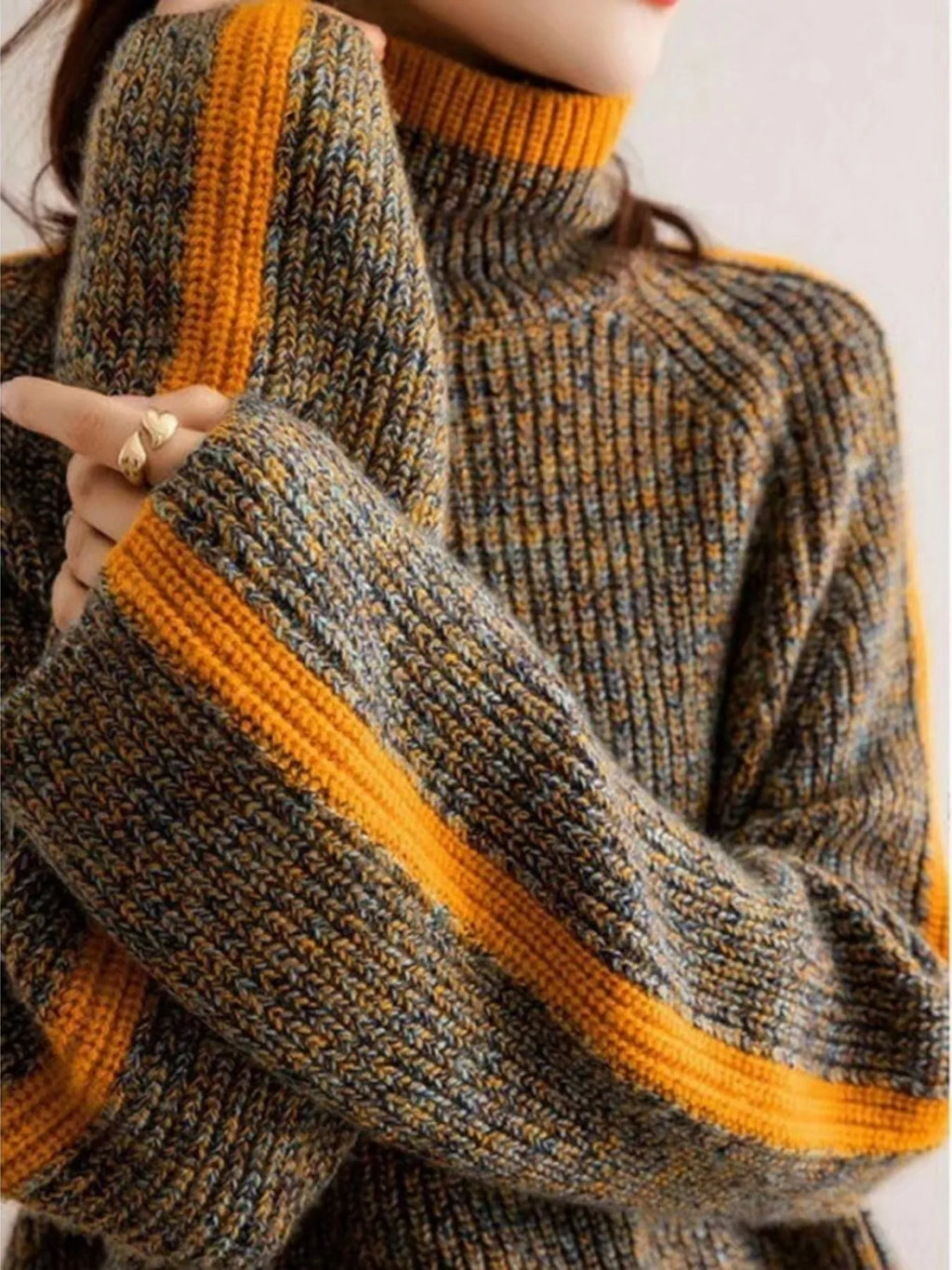 Contrast Trim Turtleneck Long Sleeve Sweater
