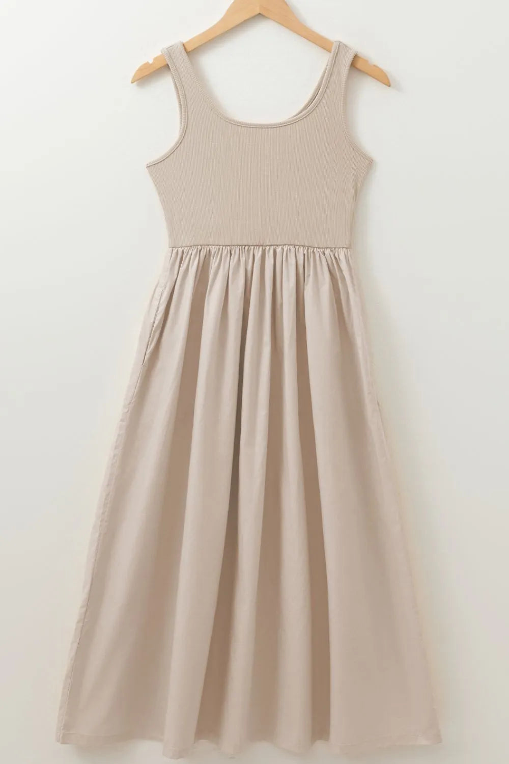 Scoop Neck Ribbed Bodice Sleeveless Midi Tank Dress