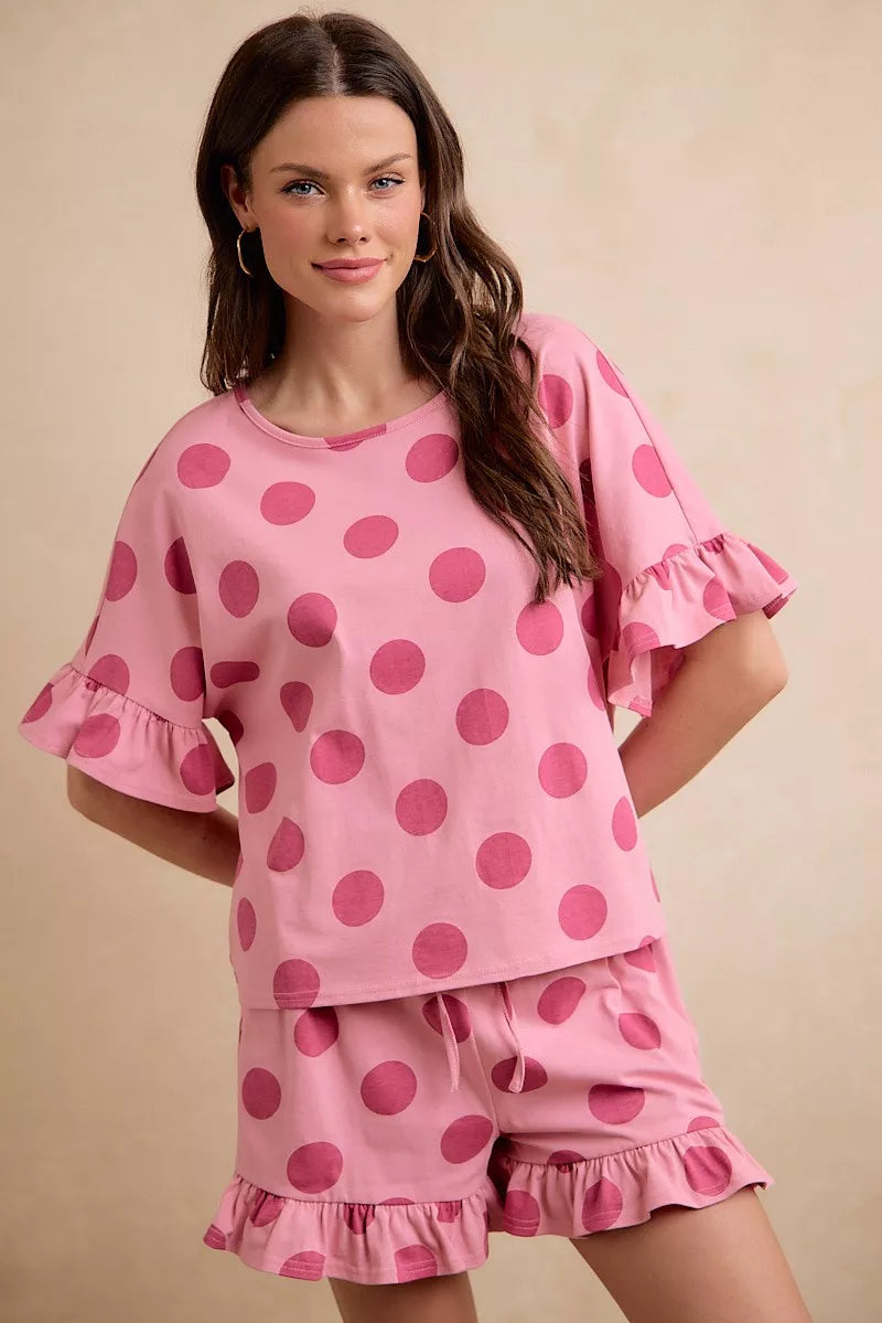 BiBi Polka Dots Printed Ruffled Detail Top And Shorts Set