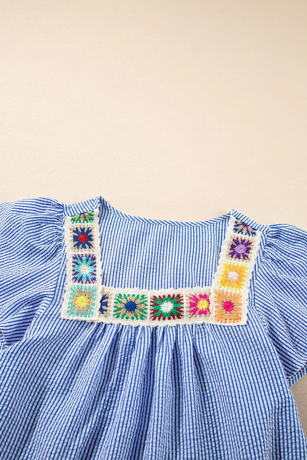 Stripe Textured Ruffle Short Sleeve Boho Detail Square Neck Blouse