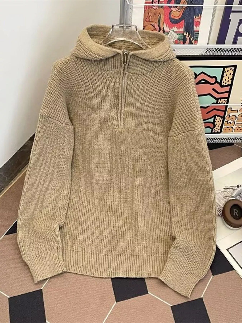 Men's Hooded Half Zip Knit Sweater