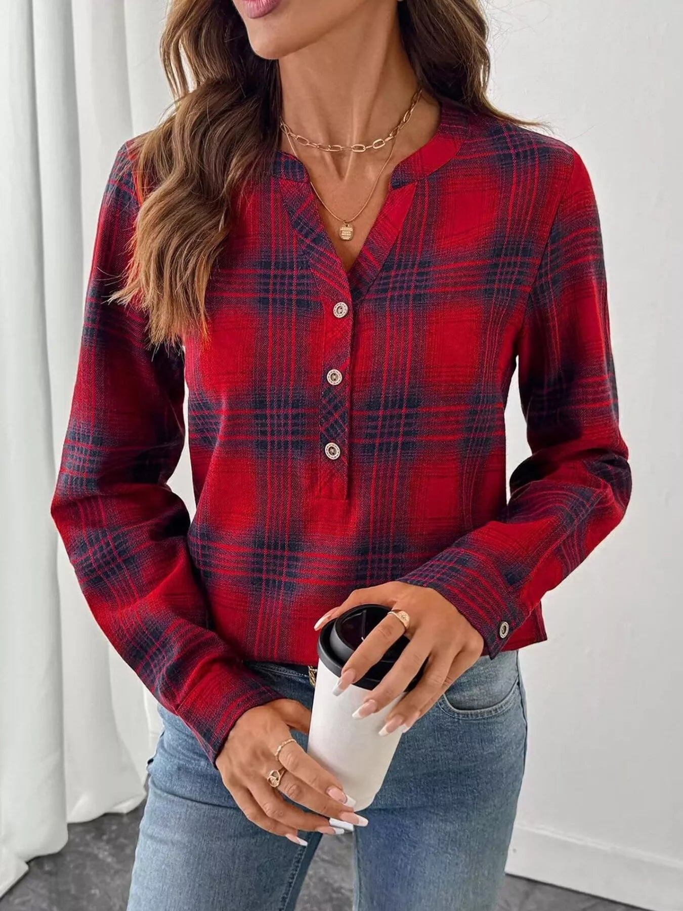 Plaid Half Button Long Sleeve Blouse