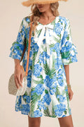 Palm Floral Print Contrast Ribbon Knot Ruffle Tiered Sleeve Mini Dress