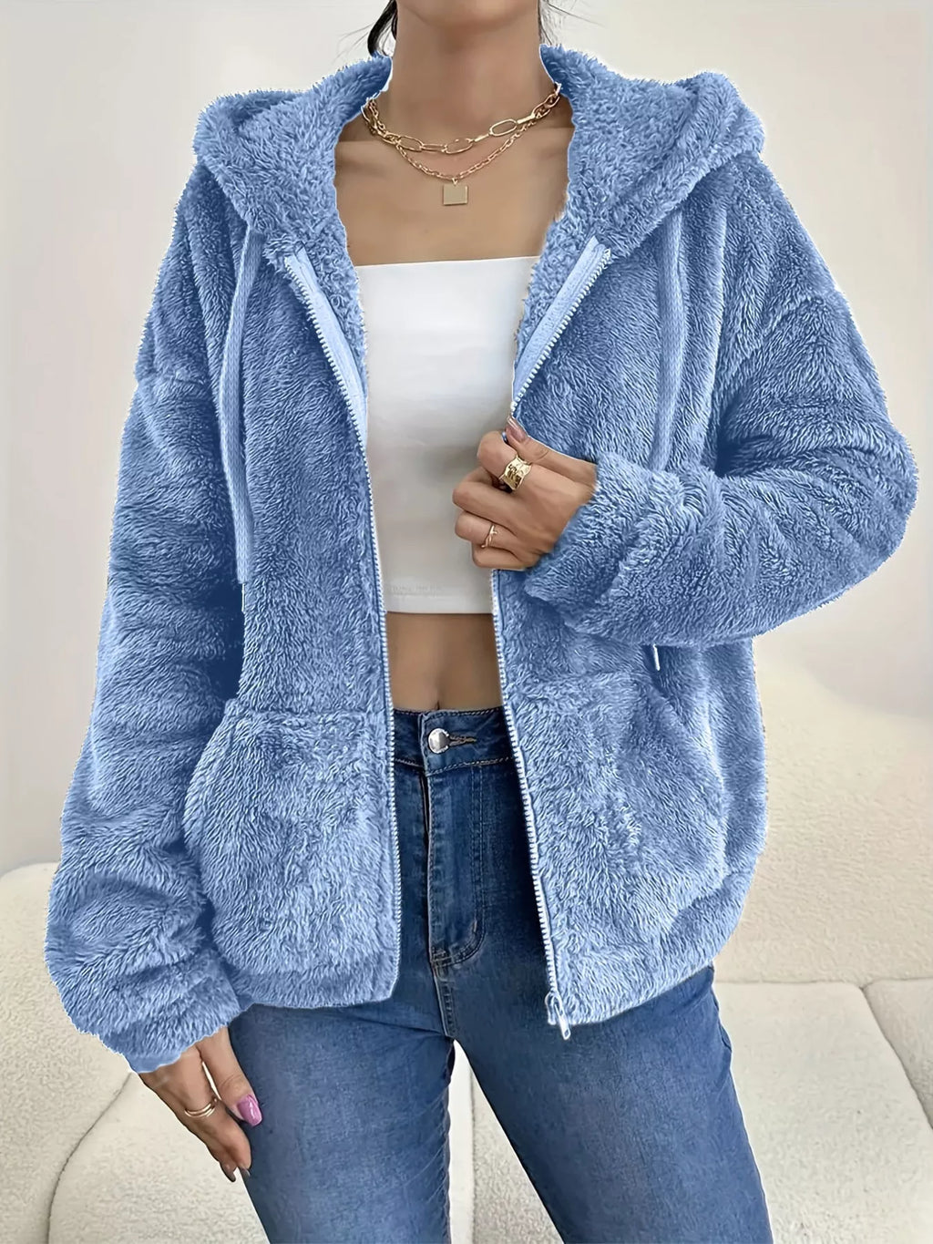 Drawstring Fleece Zip-Up Outerwear