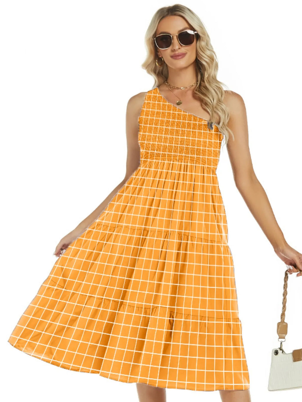 One-Shoulder Tiered Midi Dress with Smocked Bodice