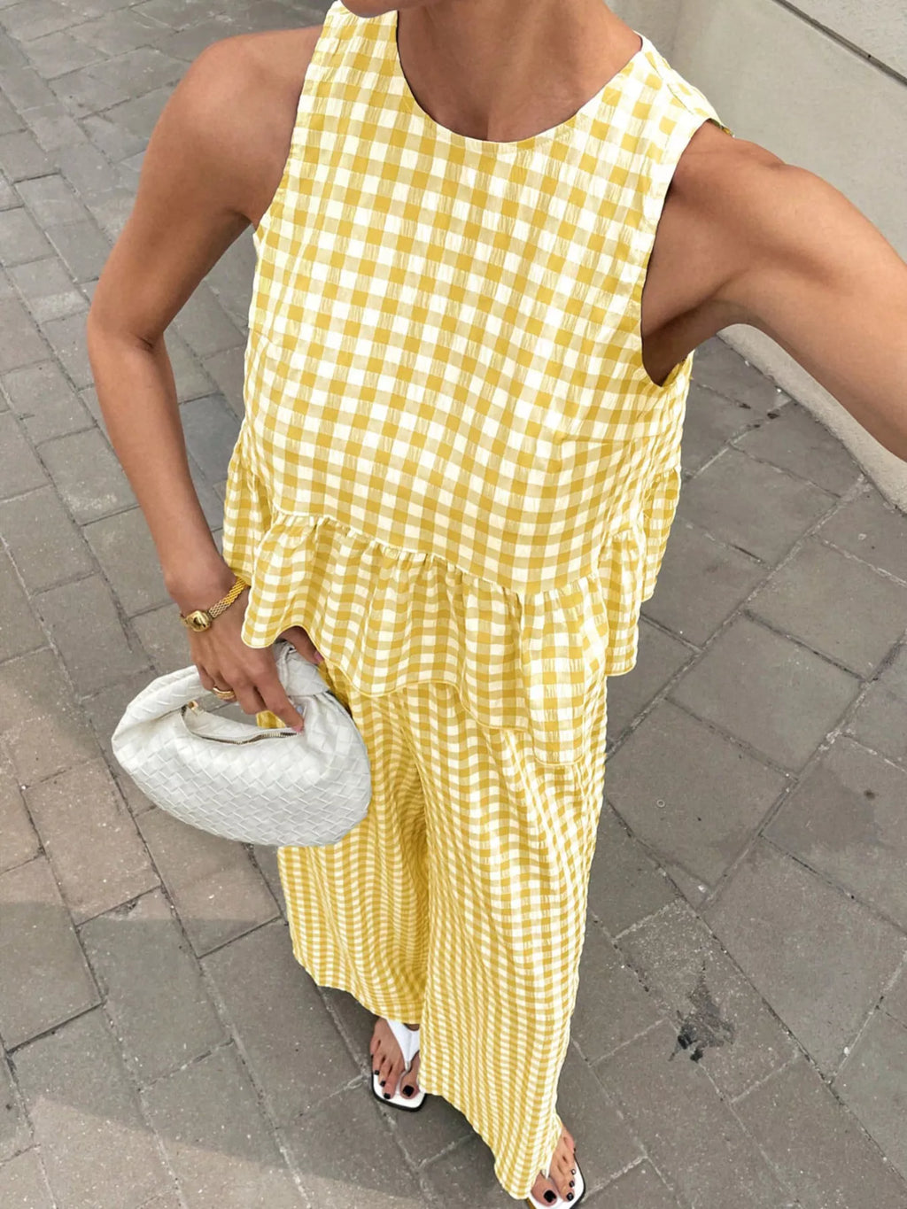 Gingham Sleeveless Top and Wide Leg Pants Set