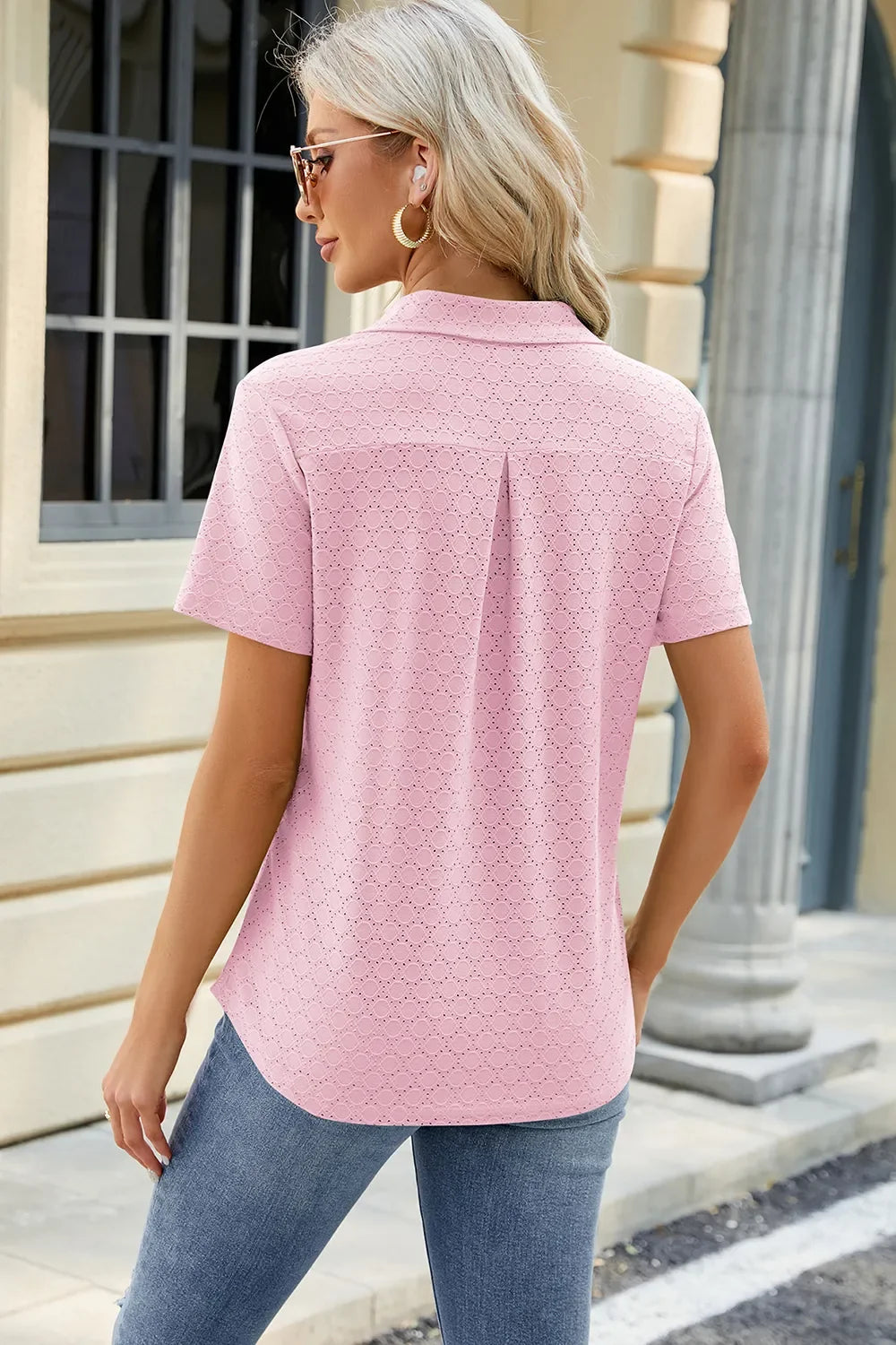 Pocketed Johnny Collar Short Sleeve Blouse