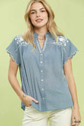 Umgee Embroidered Print Scallop Sleeve Button Front Blouse