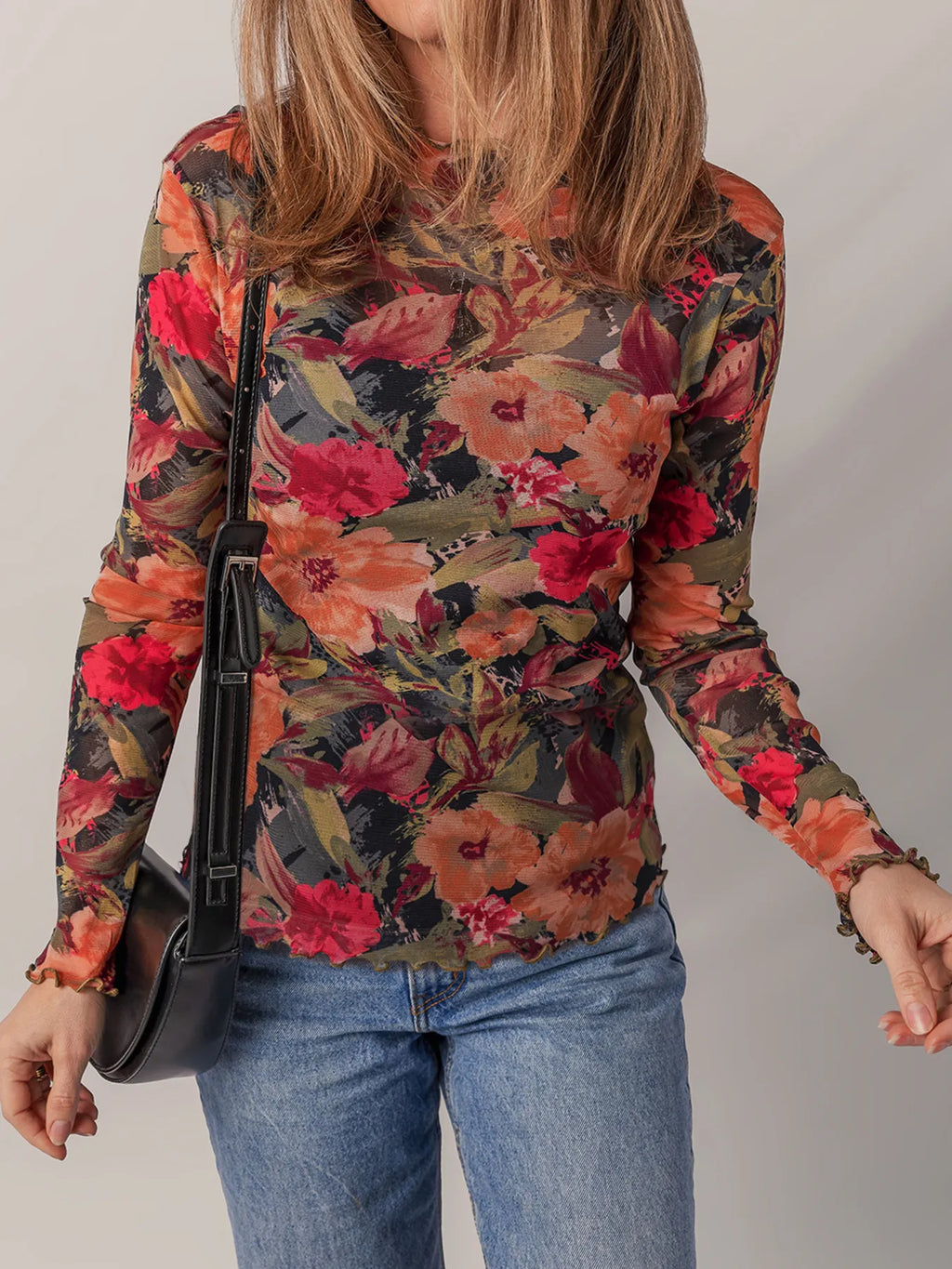 Multicolour Floral Print Lettuce Trim Long Sleeve Mesh Top