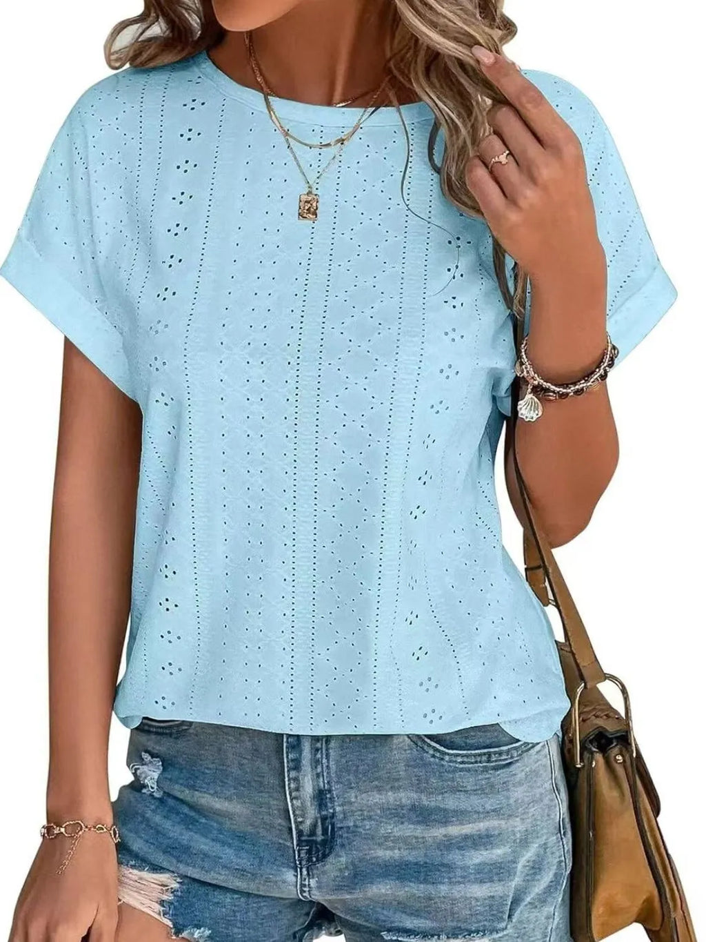 Eyelet Round Neck Short Sleeve Top