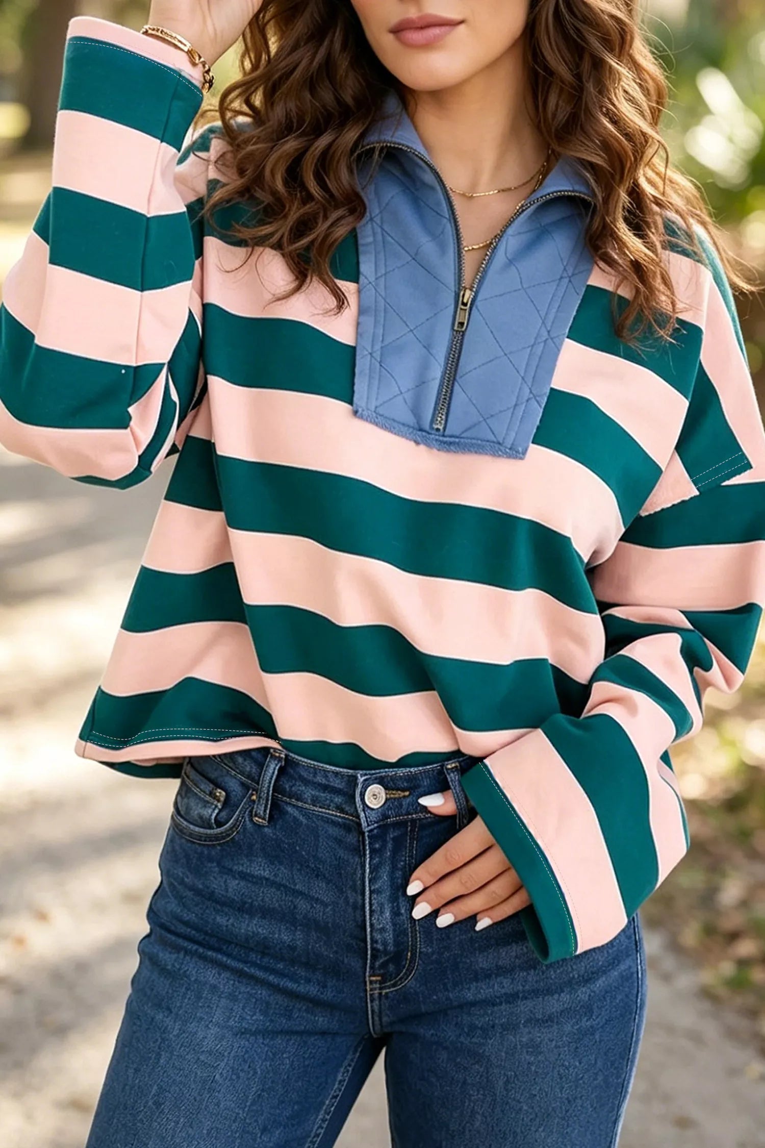 Stripe Quarter-Zip Metal Zipper Cover Stitch Hem Top
