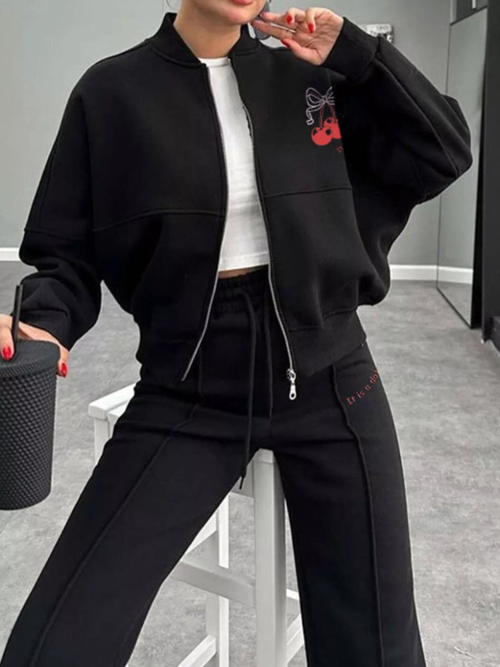 Zip Up Dropped Shoulder Outerwear and Pants Set