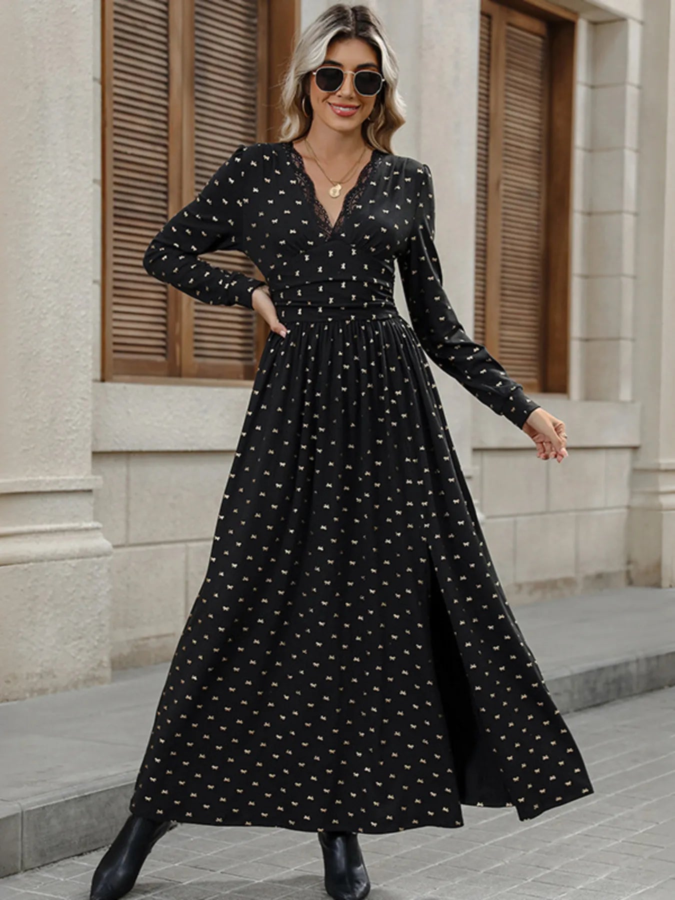 Bow Long Sleeve V-Neck Maxi Dress