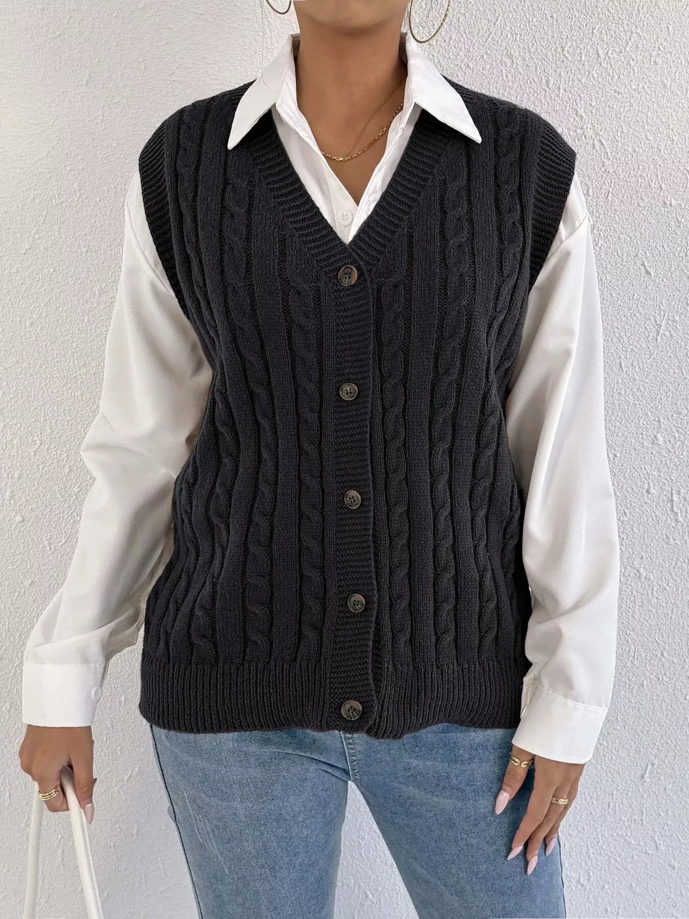 Cable-Knit Button-Up Sweater Vest