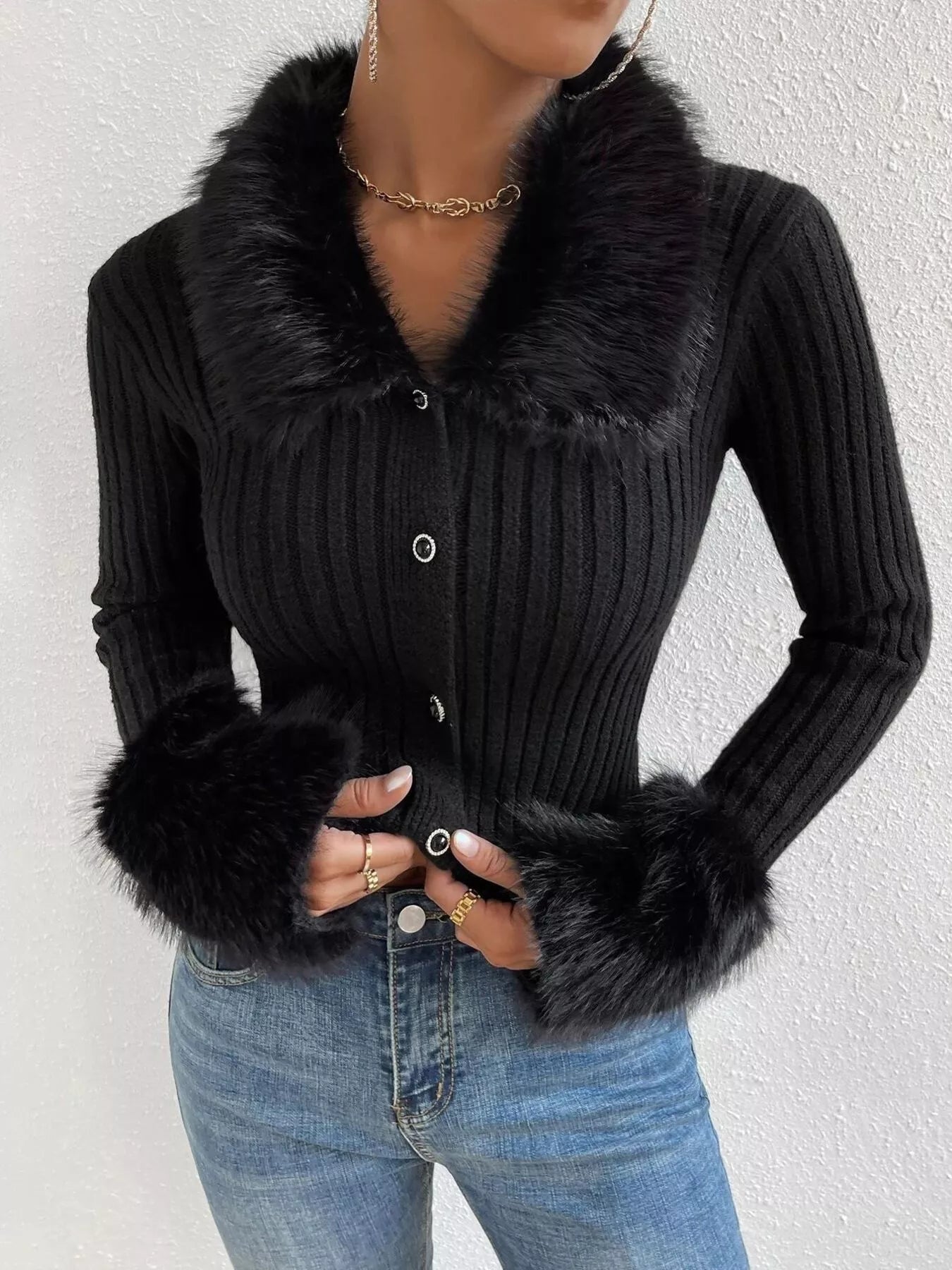 Faux Fur Trim Ribbed Knit Cropped Cardigan