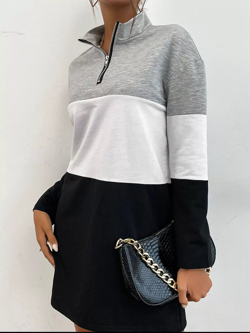 Color Block Zip Front Casual Dress
