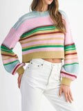 Multicolour Striped Knit Ribbed Trim Boxy Fit Cropped Sweater