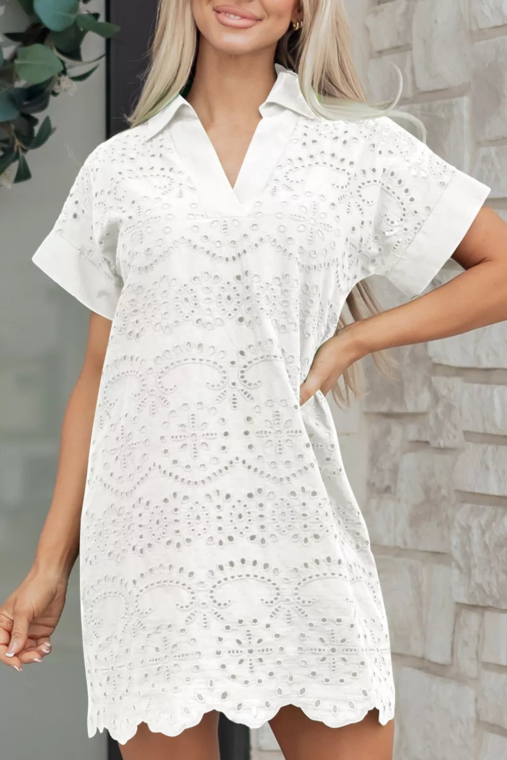 Solid Color Eyelet Embroidered T Shirt Mini Dress