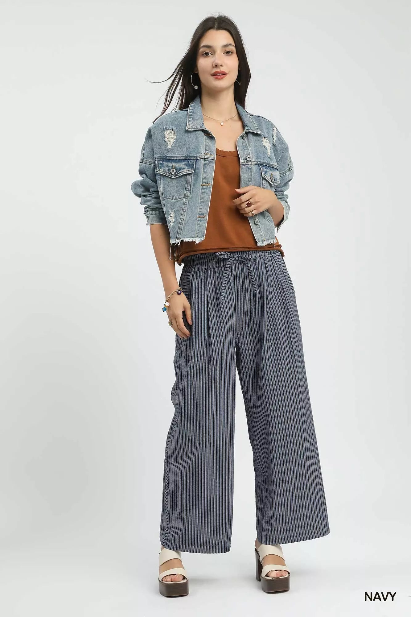 Umgee Drawstring Striped Wide-Leg Pants