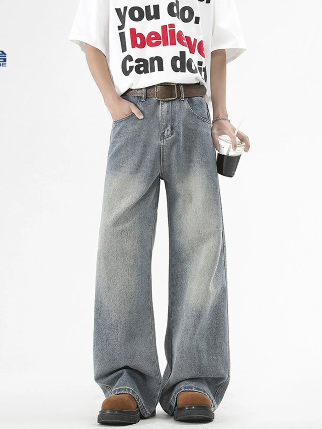 Men's Plus Size Washed Wide Leg Jeans