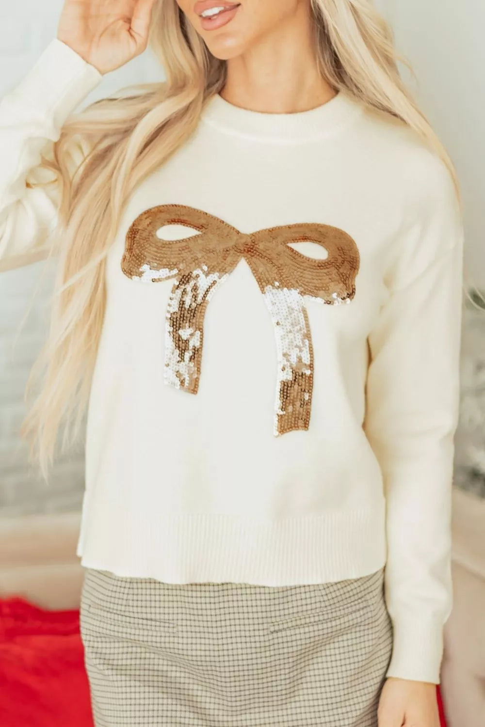 Sequin Bow Embellished Pullover Sweater