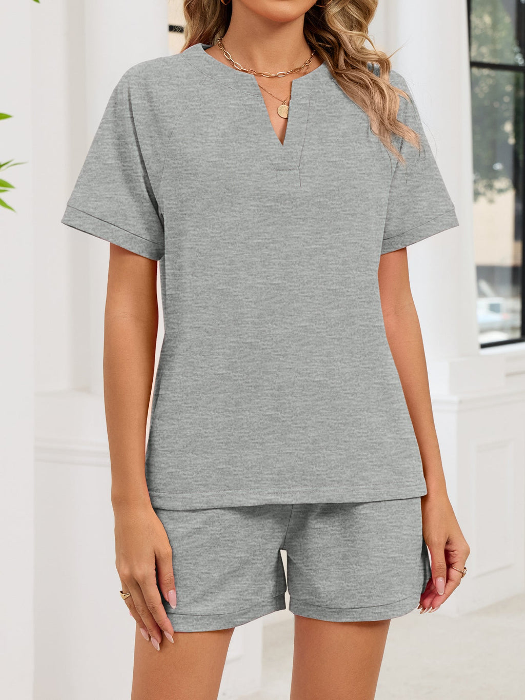 Notched Short Sleeve Top and Shorts Set