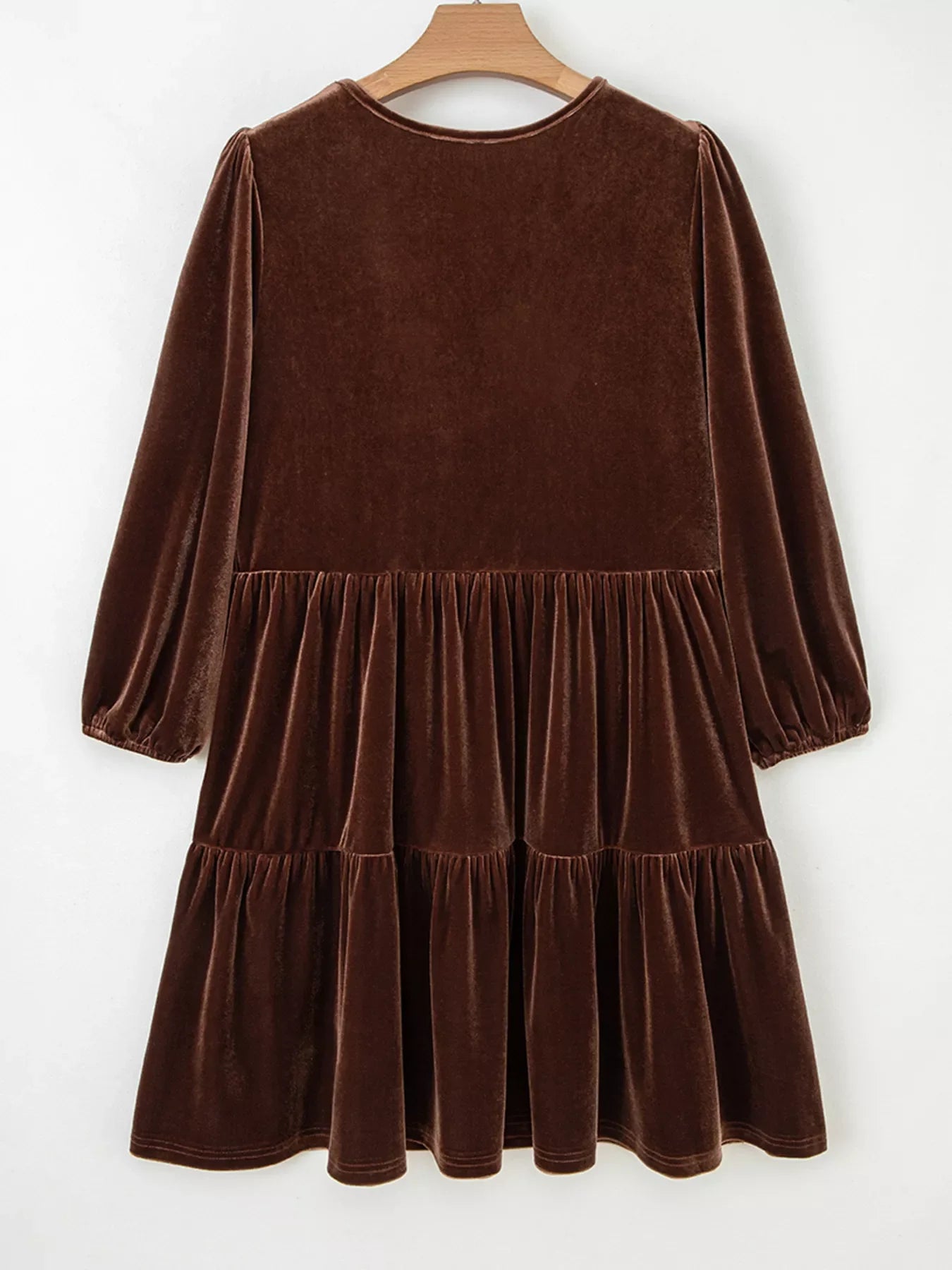 Solid Color Velvet V Neck Long Sleeve Tiered Mini Dress