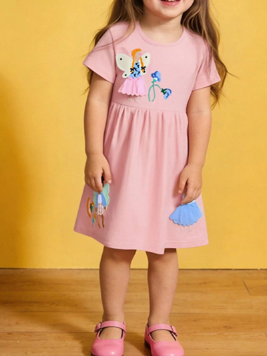 Children's Cute Cartoon Applique Short Sleeve Casual Dress