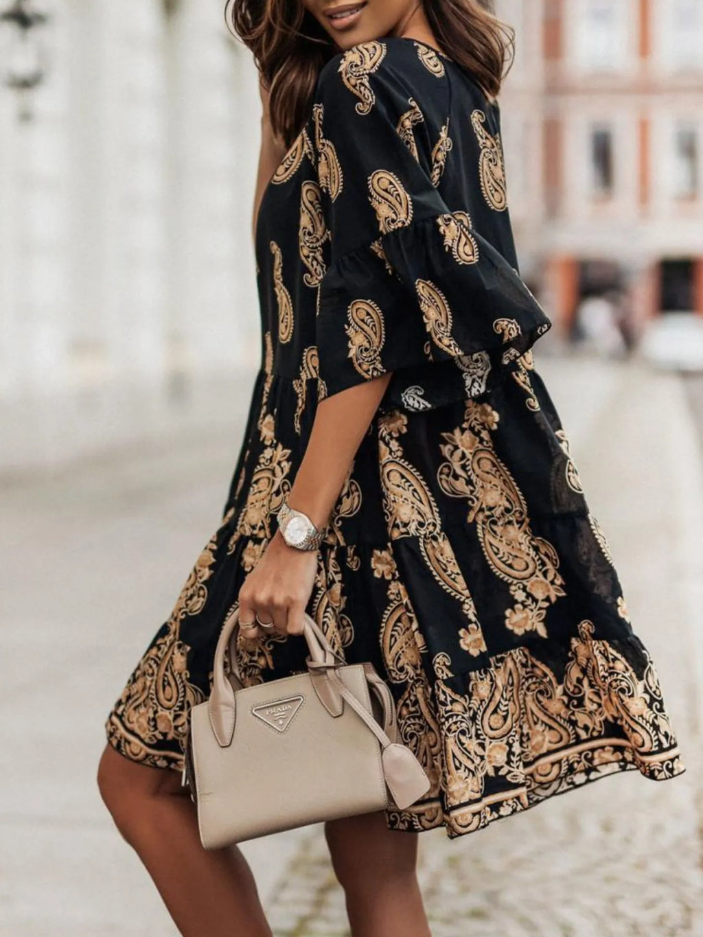 Paisley Print Tie Neck Half Sleeve Mini Dress