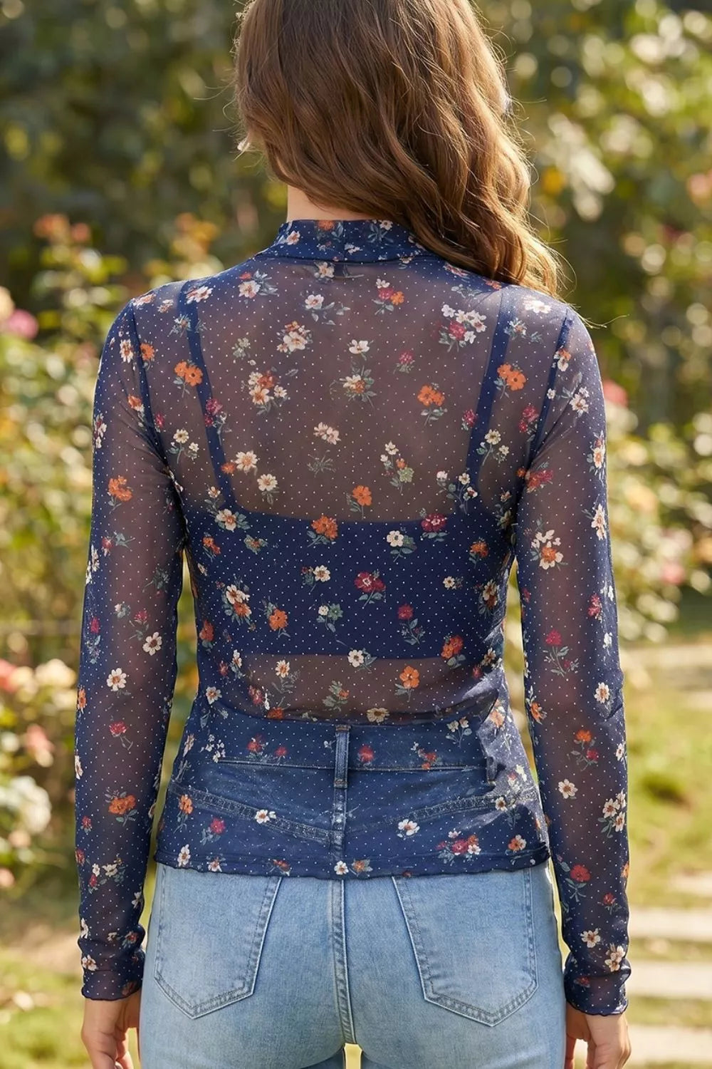 Polka Dot Floral Mesh Long Sleeve High Neck Pullover Sheath Top
