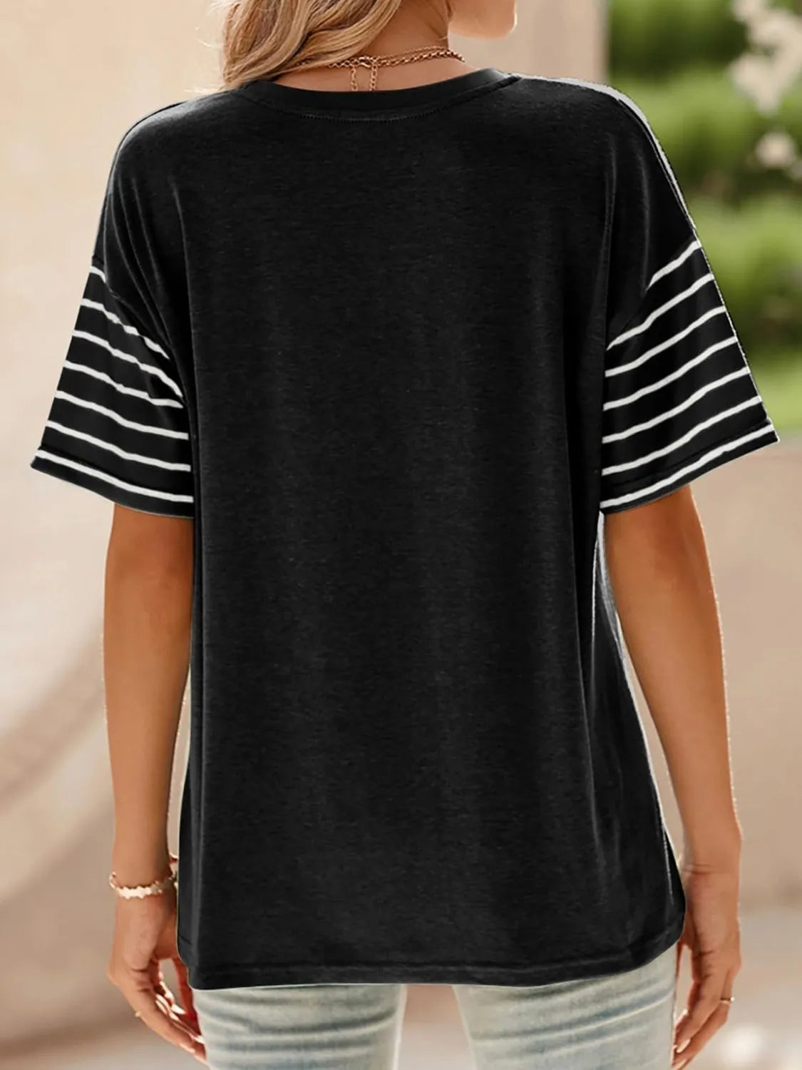Color Block Striped Sleeve Casual T-Shirt