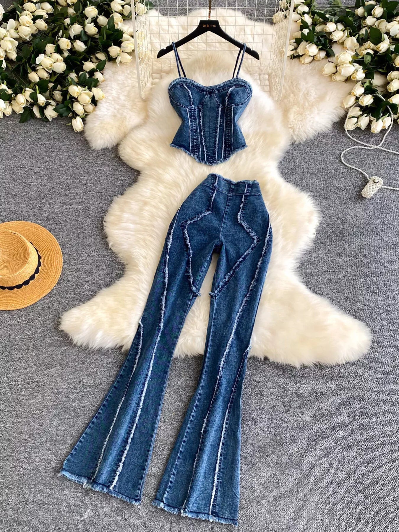 Raw Hem Denim Cami and Flare Jeans Set