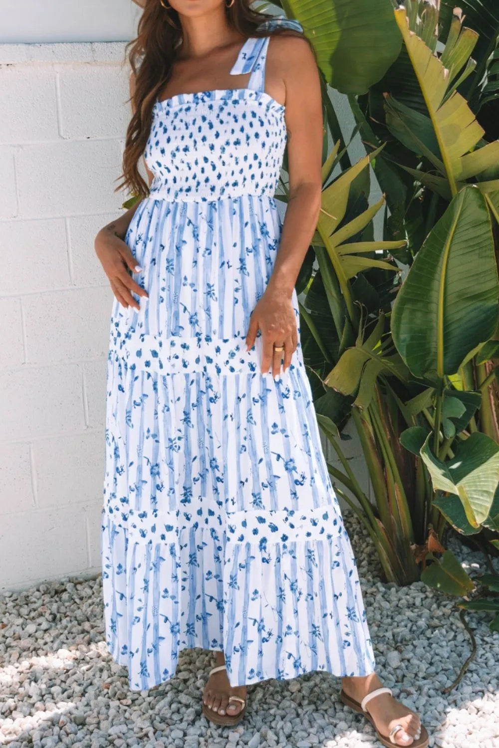 Floral Smocked Tied Straps A-Lined Tiered Dress