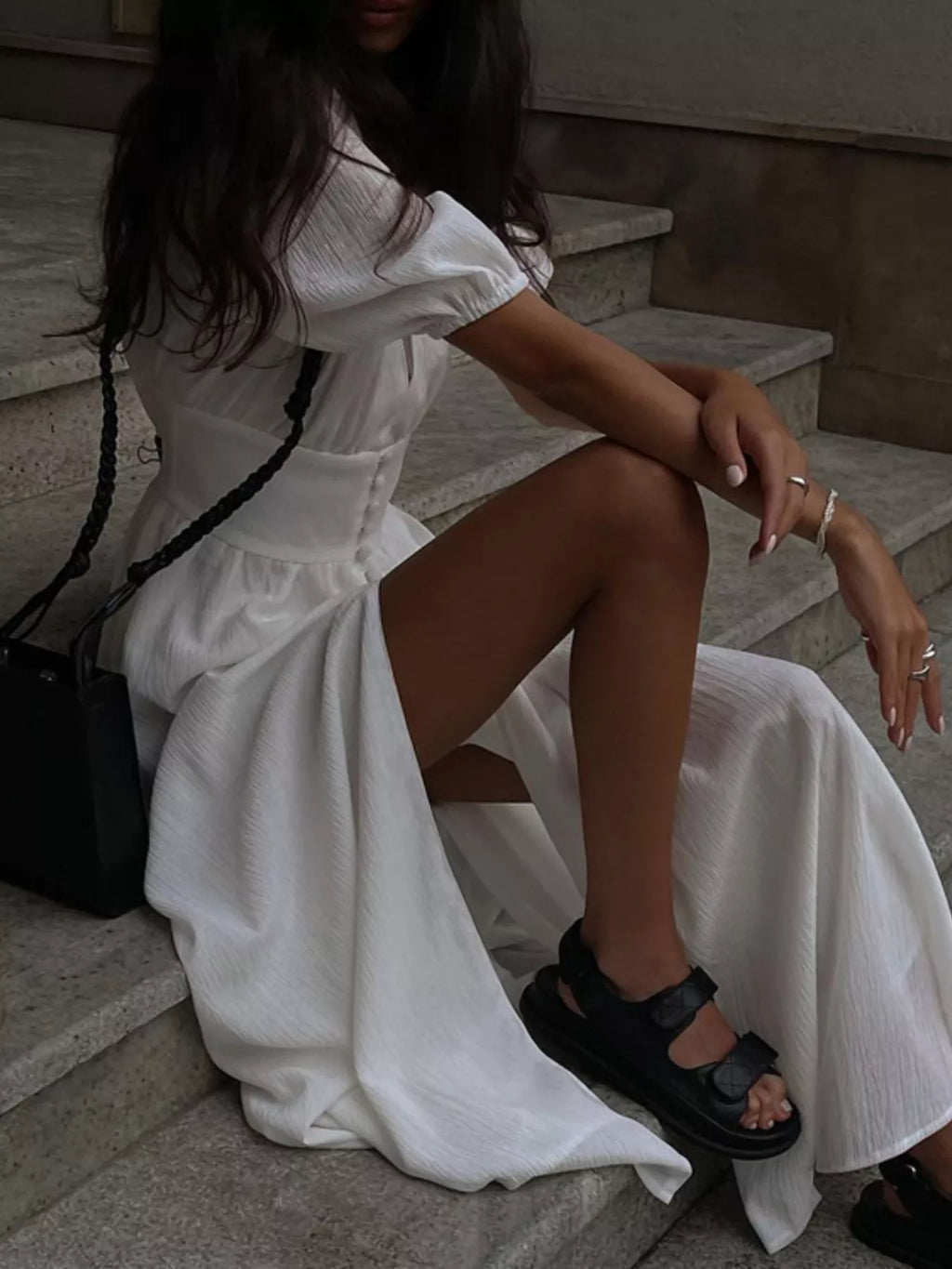 Slit Puff Sleeve Maxi Dress