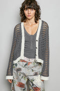 POL Openwork Contrast Cardigan with Floral Metal Button