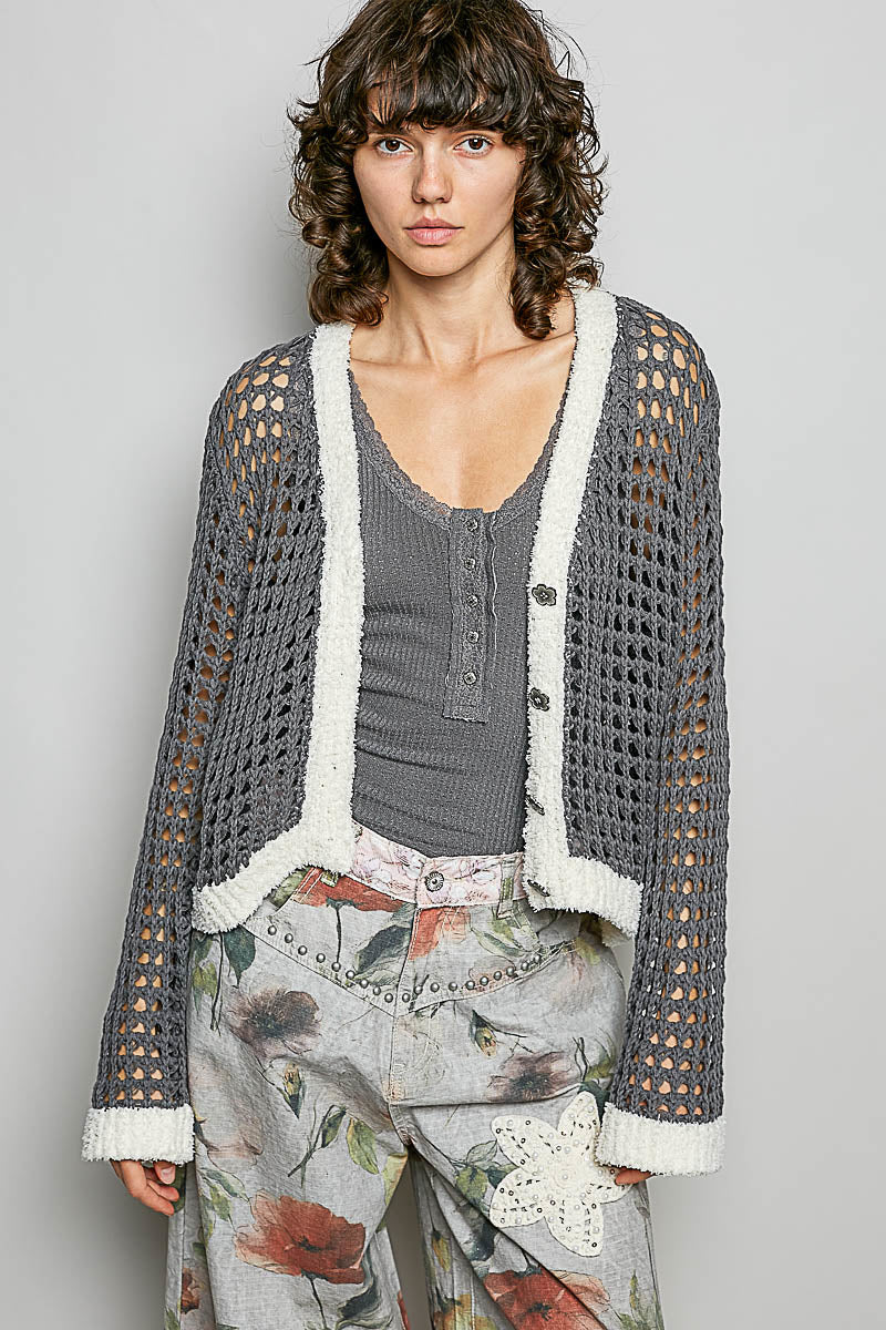 POL Openwork Contrast Cardigan with Floral Metal Button